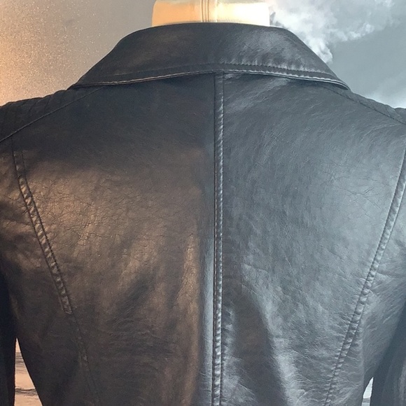 Neu Look Black Faux Leather Cropped Knit Sleeves Motorcycle Jacket Sz M - Picture 8 of 12